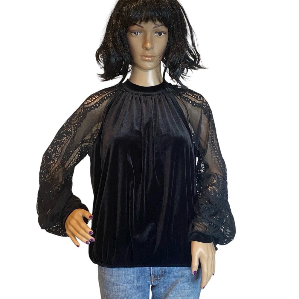 Free People Dream Team Black Velvet Lace Top Blouse Boho Goth Size Medium EUC